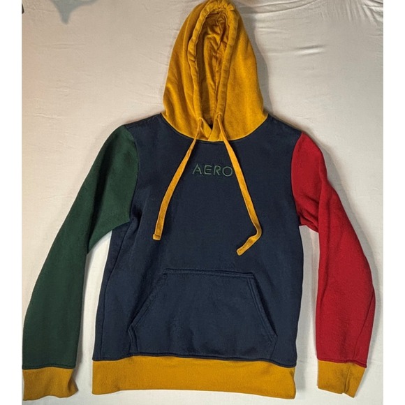 Aéropostale Other - Aeropostale Hoodie Colorblock Blue Yellow Red Green AERO Logo Pullover Sz S